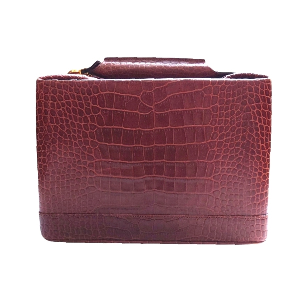 FOXEY Crocodile Embossed Brown Structured Handbag Beauty Case Gold Tone Hardware